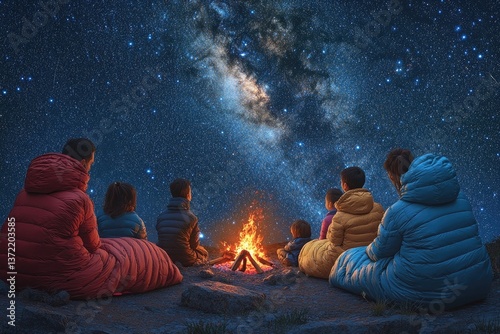 A family camping under the stars, each bundled in sleeping bags around a crackling fire, gazing up at the Milky Way, feeling a deep sense of love and togetherness.