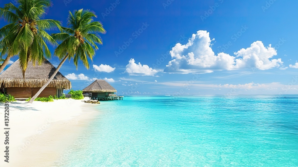 Naklejka premium Tropical Maldives Islands with Clear Blue Waters, White Sandy Beaches and Thatched - Roof Bungalows for Travel and Vacation Inspiration.