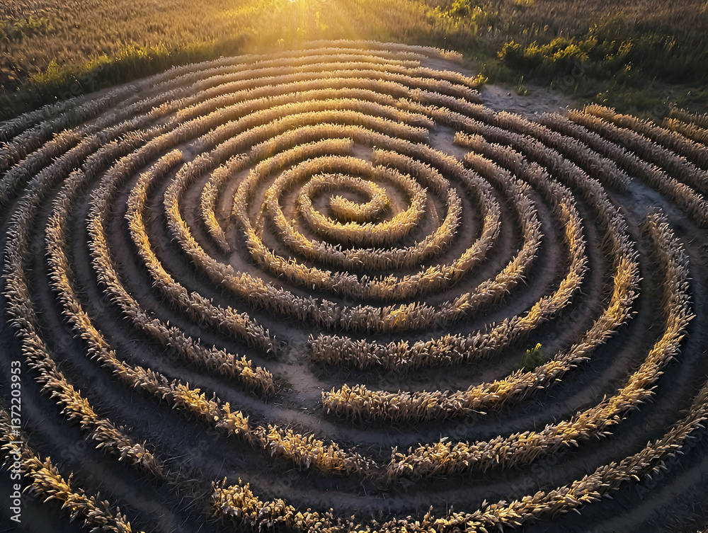 Aerial View of a Spiral Maze in a Field at Sunset Aerial View of a Spiral Maze in a Field at Sunset