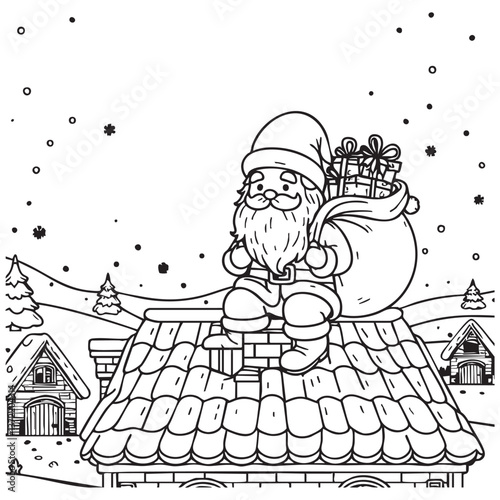 Coloring page for childrens. Santa Claus on a snowy rooftop with a sack of gifts