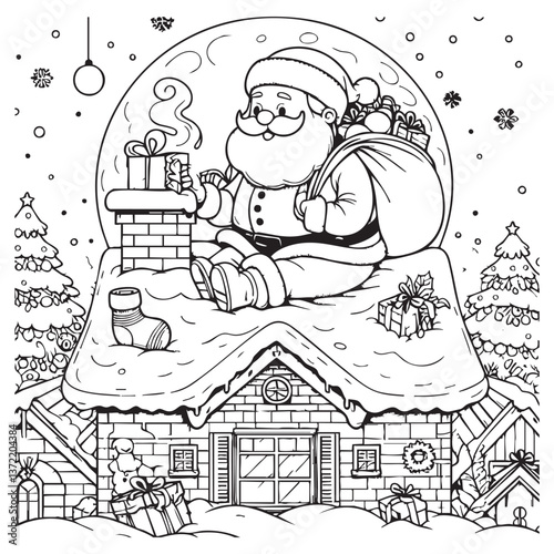 Christmas spirit shines as Santa Claus sits on a snowy rooftop surrounded by gifts and festive decorations