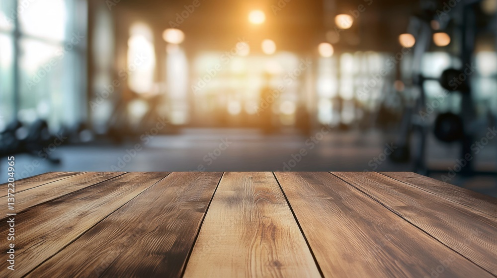 Wooden Table Display with Blurred Background of a Modern Fitness Gym Wooden Table Display with Blurred Background of a Modern Fitness Gym