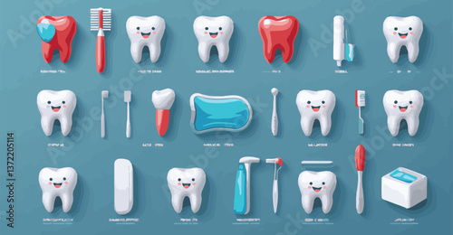 Dental Care Icons: Cartoon Teeth & Hygiene Tools Flat Vector Set


