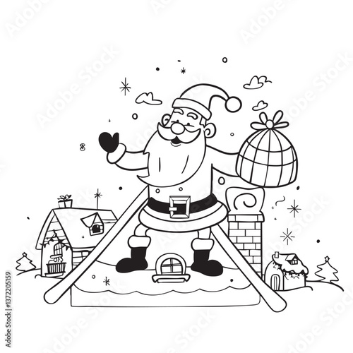 Santa Claus sitting on a snowy rooftop delivering gifts in a festive winter setting with pine trees and presents