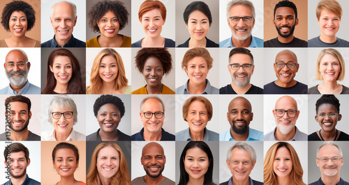 A large grid of portraits, each depicting different people from various ethnicities smiling and looking at the camera.