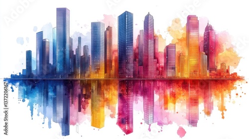 Wallpaper Mural Colorful cityscape reflected in water, vibrant watercolor effect Torontodigital.ca