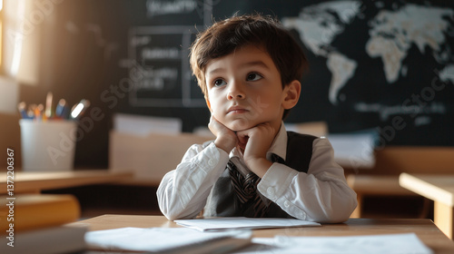 A focused boy studying at a wooden desk in a classroom photo
