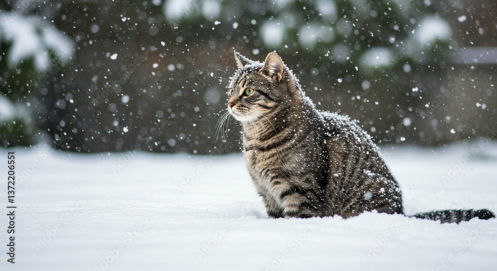 Tabby Cat Sitting in Snow Winter Wonderland Snowflakes Falling Pet Animal Tabby Cat Sitting in Snow Winter Wonderland Snowflakes Falling Pet Animal