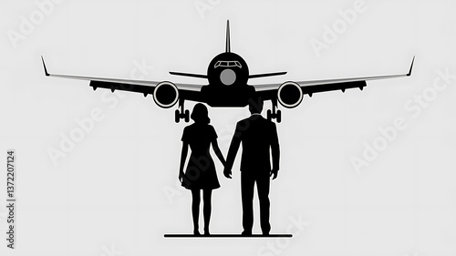 Couple holding hands beneath a departing airplane