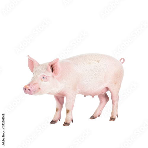 Cute Pink Pig Standing with Curious Expression in Isolated White Background
