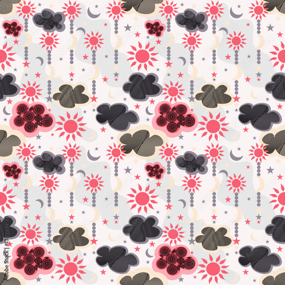 Fototapeta premium Seamless pattern summer with crescent moon, clouds, sun and stars in flat style. Sky, dream, sleep pattern. Vector illustration. Childish cute wallpaper. Hand drawn vector pattern. Abstract Background