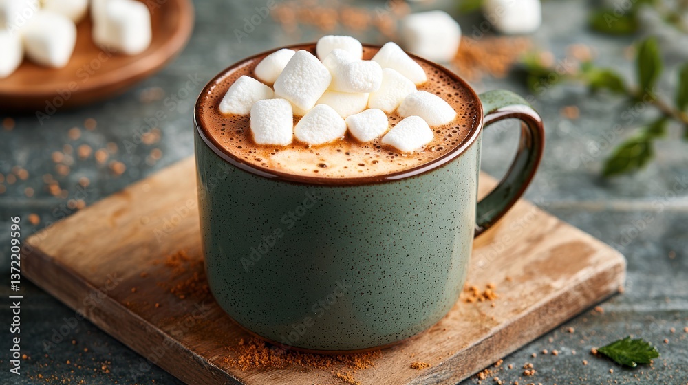 Warm, creamy hot chocolate topped with fluffy marshmallows