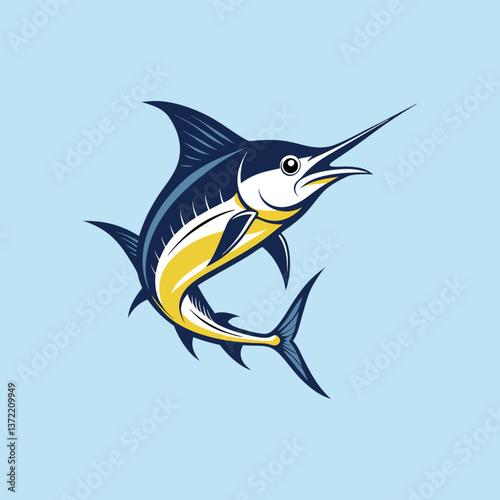 Colorful Swordfish in Bold Blue and Yellow, Vector Marine Fish Design, Tattoo Style Art