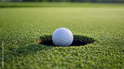 Golf Ball Resting on Edge of Hole on Green Course Grass