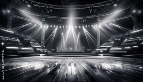 TV game show set up with big spotlights shining down on the empty stage