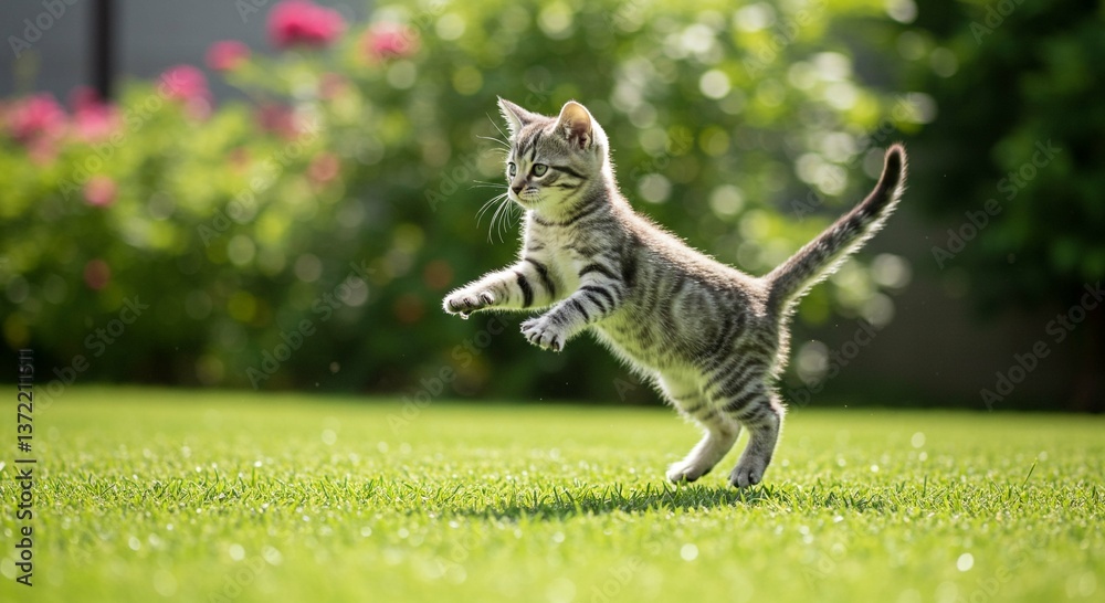 Obraz premium Playful Kitten Leaping in Sunny Garden Adorable Tabby Cat Outdoors