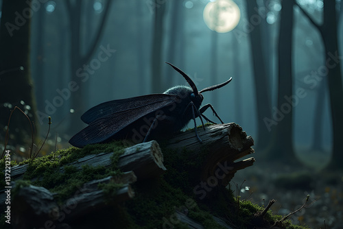 Large dark moth mysteriously resting on mossy log in moonlit night forest