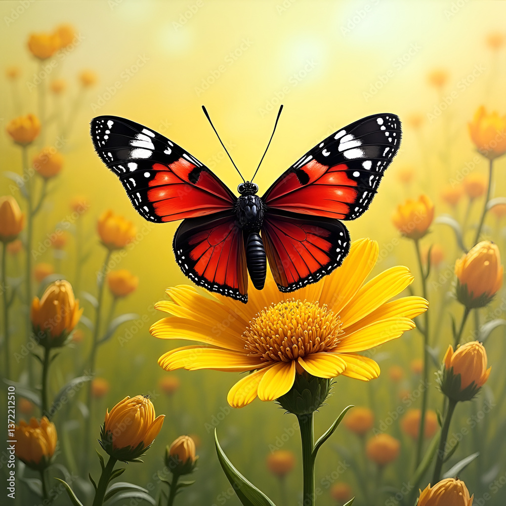 Red and black butterfly realistically painted alighted on yellow daisy in sunny meadow Red and black butterfly realistically painted alighted on yellow daisy in sunny meadow