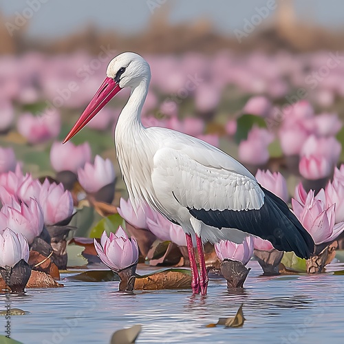 A white stork with a long beak among the pink lotus flowers