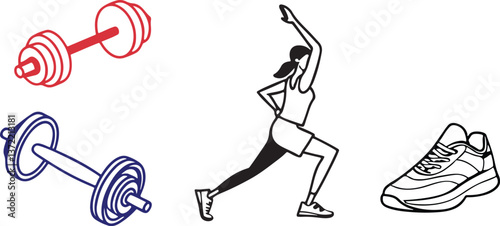 Silhouette of a woman with headphones and dumbbells in a dynamic dance pose, representing fitness and movement in a vector illustration style
