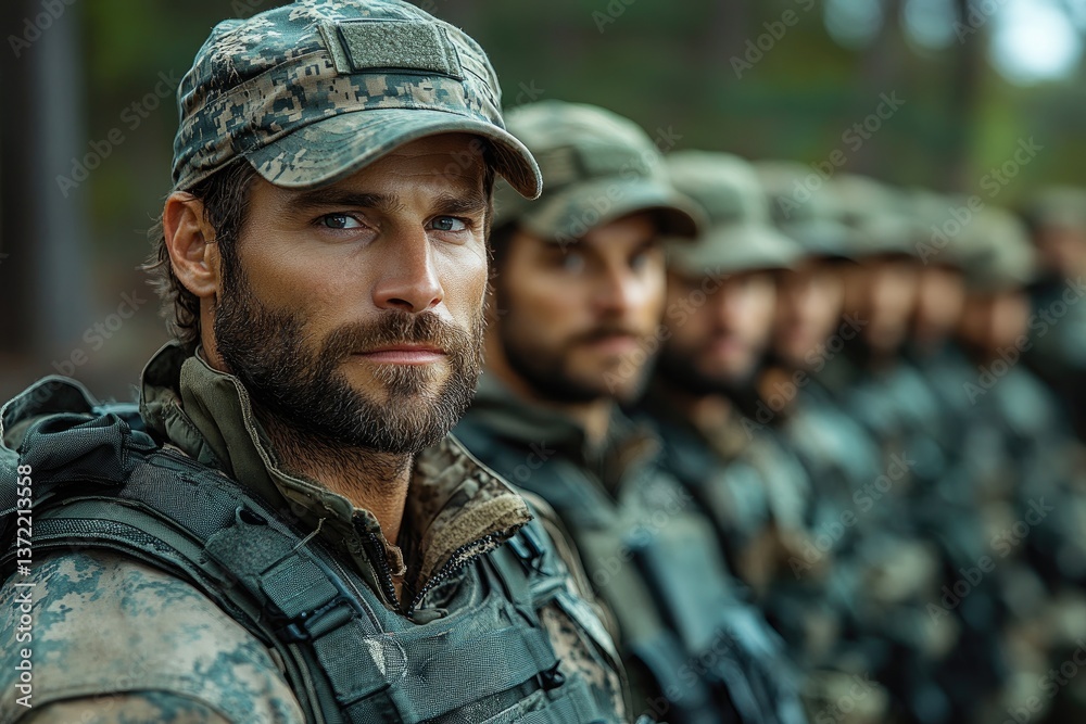 A group of soldiers standing in a line outside with foliage A group of soldiers standing in a line outside with foliage