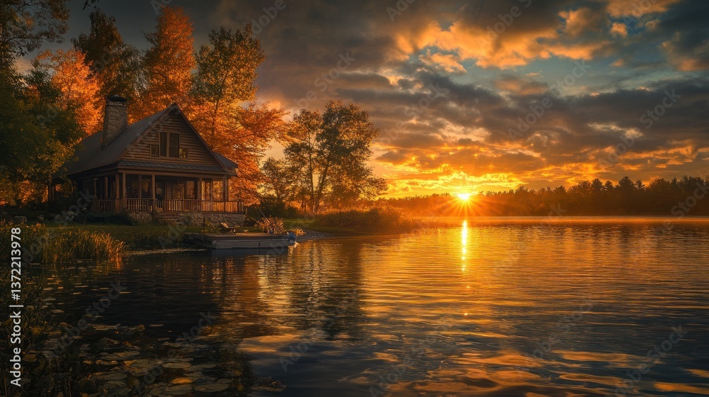 Fototapeta premium Autumn cabin sunset reflection on lake
