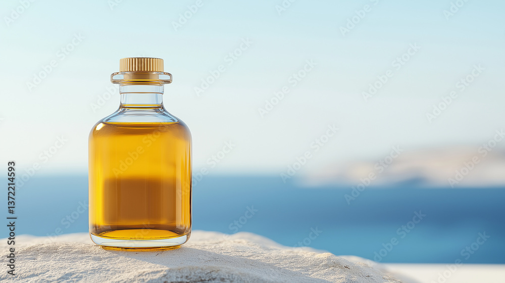 Obraz premium Glass bottle containing golden liquid resting on white sand, blurred ocean and hills creating luxurious wellness backdrop