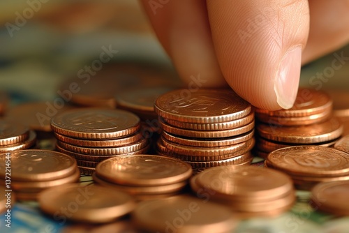 A hand placing a coin onto a stack of copper coins