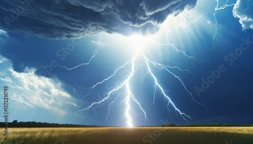 Close-up of lightning streaking across a spring sky, with dramatic clouds and a bright burst of light illuminating the scene