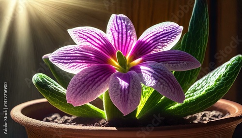 Close-up of a potted spring flower, with intricate details of each petal, perfectly illuminated by natural sunlight