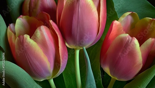 Macro shot of a cluster of tulips, rich colors and textures of the petals captured in stunning clarity, surrounded by green leaves