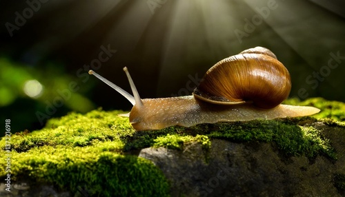 Ultra-detailed shot of a garden snail slowly moving along a moss-covered stone, with morning sunlight creating soft shadows