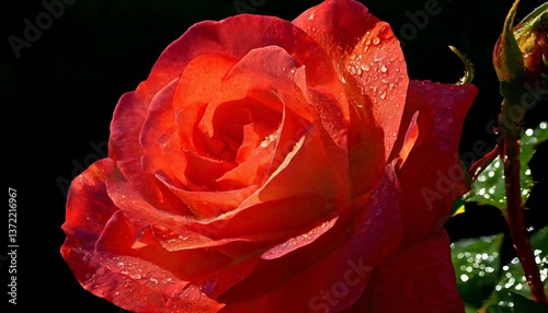 Close-up of a blooming rose, soft dewdrops reflecting the surrounding garden’s colors, with delicate petals highlighted by morning light