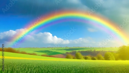 Close-up of a rainbow forming after a spring rain, the colors bright against a backdrop of green fields and blue sky.