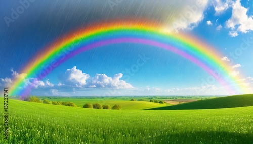 Close-up of a rainbow forming after a spring rain, the colors bright against a backdrop of green fields and blue sky.
