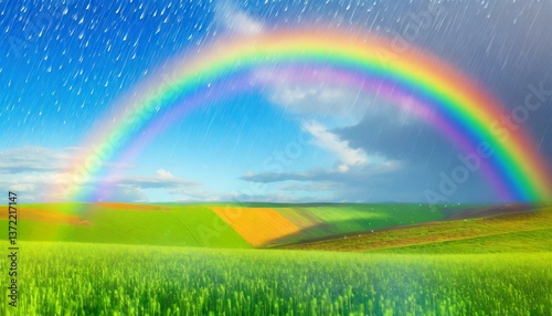 Close-up of a rainbow forming after a spring rain, the colors bright against a backdrop of green fields and blue sky.