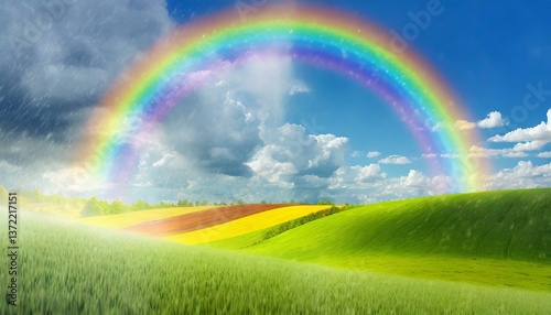 Close-up of a rainbow forming after a spring rain, the colors bright against a backdrop of green fields and blue sky. photo