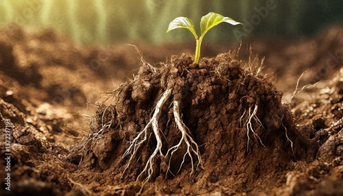 Close-up of freshly turned soil, with fine details of the organic texture, and tiny roots stretching through the dirt
