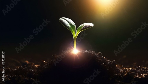A tiny seed sprouting from the earth, soft light illuminating the first signs of new life.