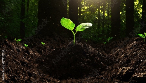 Close-up of rich, dark soil with small green shoots poking through, highlighted by gentle sunlight filtering through the trees