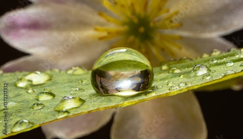 Close-up of a water droplet on a leaf, capturing the reflection of a spring flower in its surface