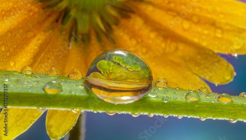 Close-up of a water droplet on a leaf, capturing the reflection of a spring flower in its surface photo