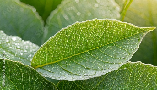 Extreme close-up of fresh green leaves, veins visible, covered in morning dew, with soft sunlight creating a natural glow. photo