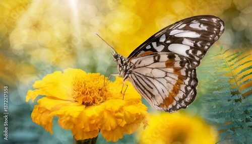 A butterfly feeding on a bright yellow marigold, wings spread wide with vivid, intricate patterns, and a blurred spring garden background.
