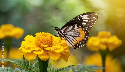 A butterfly feeding on a bright yellow marigold, wings spread wide with vivid, intricate patterns, and a blurred spring garden background.