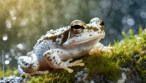 Close-up of a frog resting on a moss-covered rock, its skin texture and water droplets on its body glowing in the soft light. photo