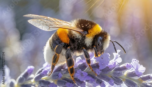 A bumblebee resting on a lavender flower, its fuzzy body detailed with pollen grains and soft, golden sunlight filtering through the wings. photo