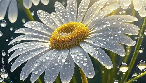 A daisy petal covered in fresh morning dew, with the sunlight creating soft reflections on the water droplets