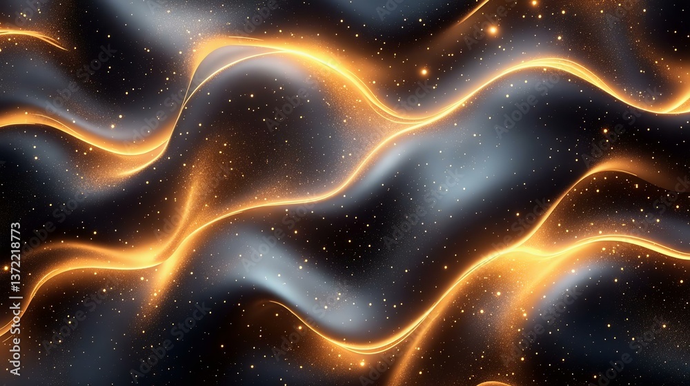 Obraz premium A mesmerizing abstract wave pattern featuring golden and blue tones, encapsulating a cosmic ambiance with shimmering stars.