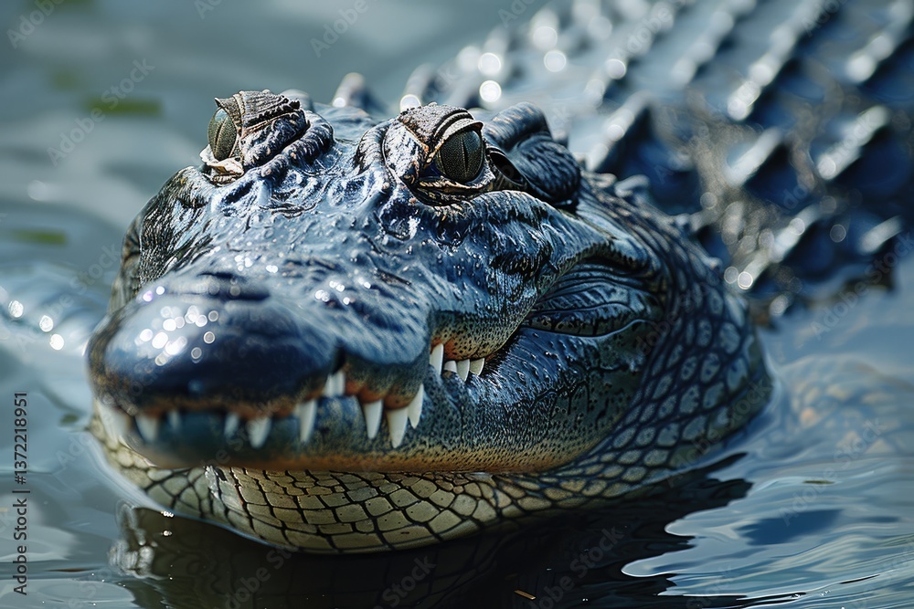 Obraz premium A large alligator swims in water and looks directly at the viewer